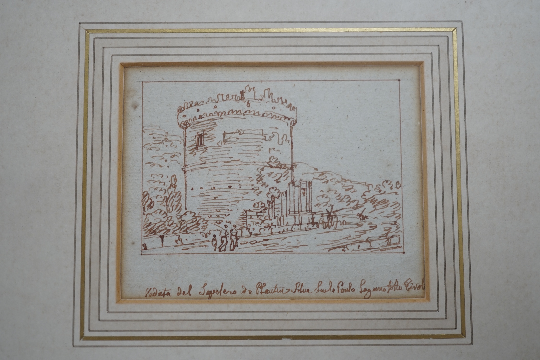 Two 18th / 19th century monochrome and sepia ink sketches, Italian views, one by Victor Jean Nicolle (French, 1754-1826), 'The Palazzo Maggiore near the Via Nuova', Abbott & Holder inscribed gallery label verso, largest